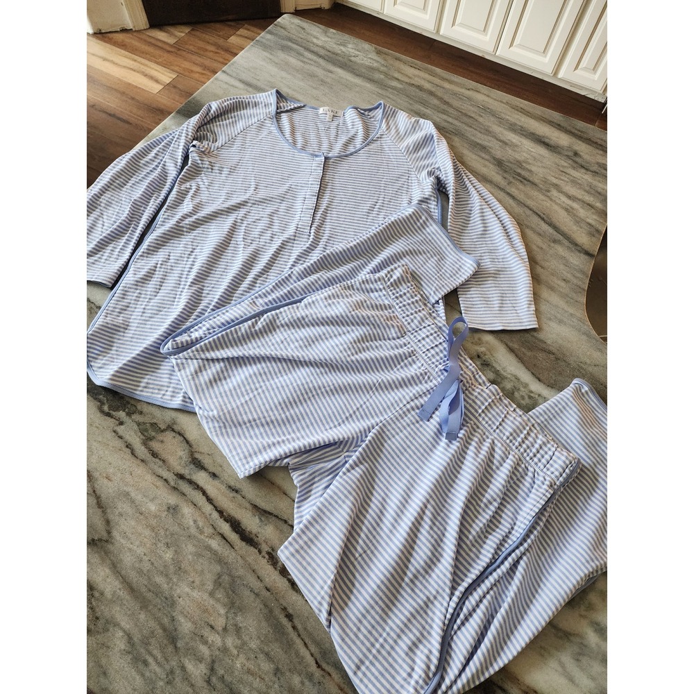 LAKE Pajamas Pima Cotton Long-Long Set Blue White Striped Henley Size M Womens